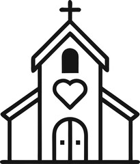 Simple church building with heart symbol above, minimal line vector icon, black and white, white background, flat design, wedding venue concept