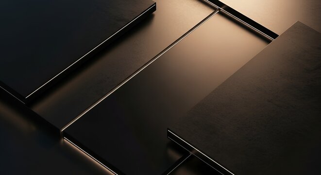Abstract Geometric Composition of Dark Metallic Rectangles with Illuminated Edges and Warm Lighting