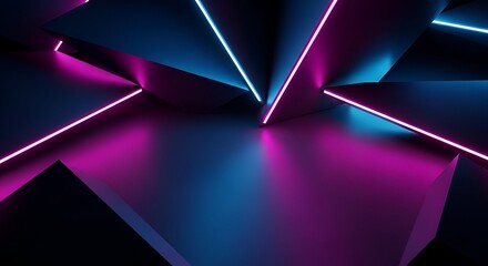 Abstract Geometric Composition With Neon Light Accents on Dark Background