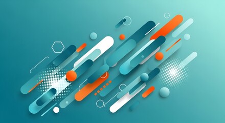 Abstract Geometric Design with Dynamic Lines and Shapes in Blue Orange and White on Teal Background
