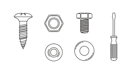 A set of screws and nuts with a screwdriver illustration