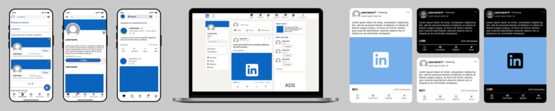 LinkedIn Mobile and Desktop UI Mockup for Feed Profile and Post Interface
LinkedIn Social Network Feed and Profile Screen Design Template for LinkedIn Platform