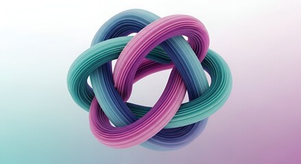 Abstract Interwoven Three Dimensional Shapes in Cyan Purple and Blue Tones on a Gradiant Background