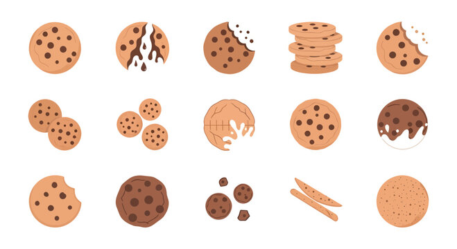 Set of Chocolate Chip Cookies Icons, Flat Vector Illustration of Sweet Biscuits with Chocolate Chunks and Milk
