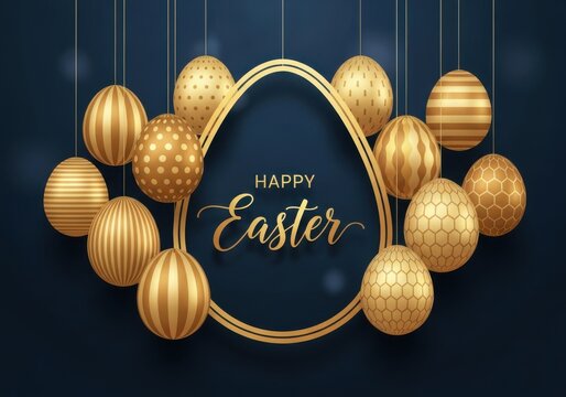 Golden easter eggs and happy easter text on dark blue background