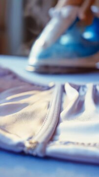 Close-up of steam iron gliding over fabric, showcasing the ironing process on a blue ironing board with visible garment details and smooth surface texture