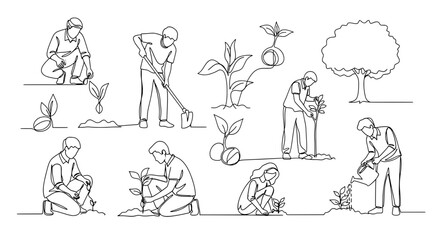 Line art set of people planting trees and watering plants. Eco gardening and environmental care concept representing sustainability, growth and Earth Day activities