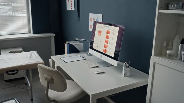 No people eye level b roll shot of dermatologist office interior with work desk, computer displaying skin charts, chair, examination bed, and shelves with skincare bottles under natural light