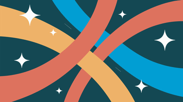 A vibrant abstract illustration featuring colorful curved lines and sparkling stars on a dark background