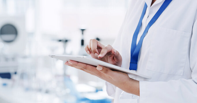Scientist, hands and research with tablet for medical experiment, outcome or results in laboratory. Person, doctor or scrolling with technology, data or study for clinical trial, findings or analysis