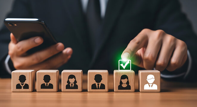 A businessman in a suit selects a person icon with a green checkmark on a wooden block