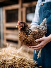 Close Up of Farmer in Blue Denim Overalls Holding Brown Chicken, Organic Poultry Farming Concept and Sustainable Rural Lifestyle