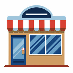Modern retail store front building with blue awning and display windows vector illustration
