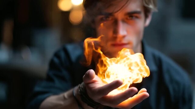 Creative collage faceless powerful magician casting fireball magic spell, defocused enchanted background, flame sorcery, supernatural powers, fantasy wizard, mystical combat, with