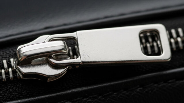 Close up view of a sleek silver metal zipper on a black leather bag or purse with visible teeth