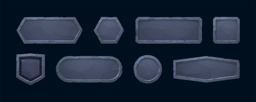 Stone game frame collection with rocky textures and cartoon UI buttons for fantasy adventure interfaces. Ancient tablet designs of jungle themed plaques, medieval borders for mobile RPG menu panels.