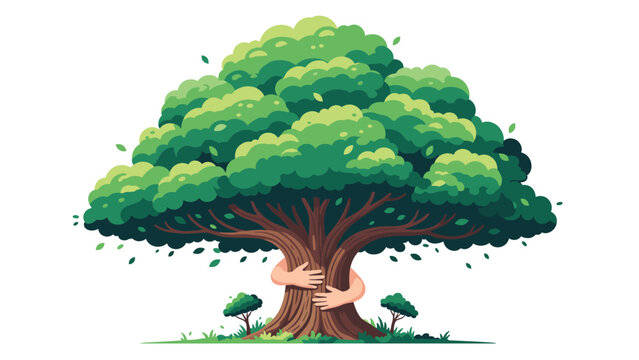 Heartwarming illustration of arms hugging a large, lush green tree representing environmental protection and love for nature.