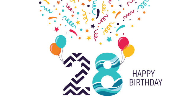 Festive twenty-eighth birthday design featuring the number twenty-eight with colorful balloons and a explosion of confetti at the top.