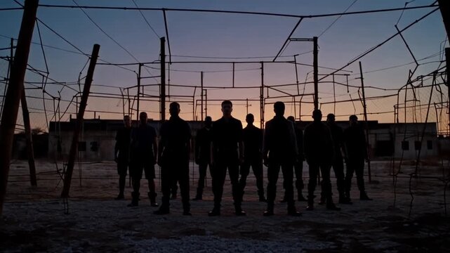 Silhouettes of people behind fence at dusk.