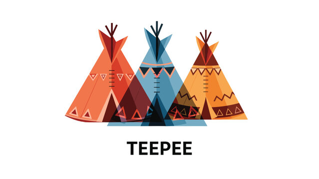Stylized illustration of three traditional Native American teepees in shades of orange, blue, and yellow with patterns and decorative text.