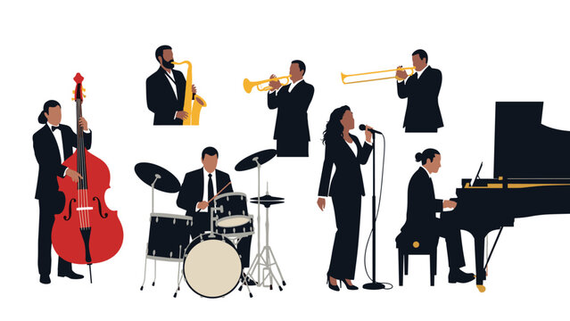 Silhouettes of a jazz band including a singer a pianist a drummer a bassist and brass players against a white background.