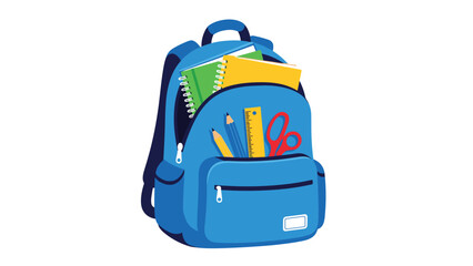 Naklejka premium Blue school backpack filled with colorful notebooks, pencils, a ruler, and scissors ready for the new academic year.