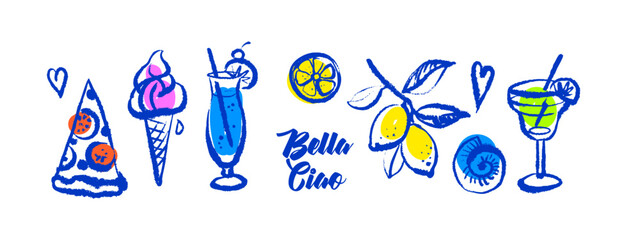 Summer vacation crayon doodle set. Italian Mediterranean coastal stickers. Hand drawn vector illustration. Amalfi sketch beach design. © pim