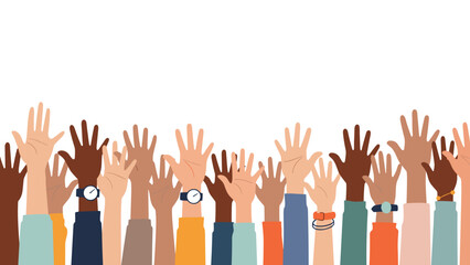 Fototapeta premium Many hands of various skin tones and clothing styles raised together in a show of unity, volunteering, and community support.