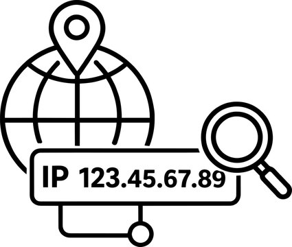 IP Address Geolocation Search Minimal Line Art Illustration and Minimalist Icon. Global network location tracking, internet protocol address lookup, and cybersecurity concept.