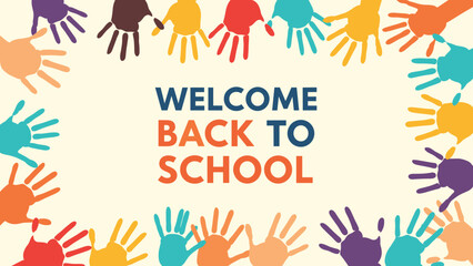 Fototapeta premium Welcome Back to School greeting message surrounded by numerous colorful handprints in various bright shades on a beige ground.