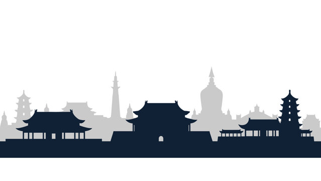 Dark blue and grey silhouette of various traditional Asian architectural structures like pagodas and temples on white.