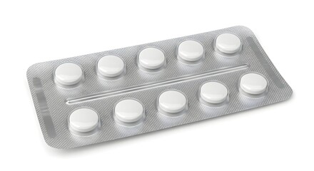 Blister pack of white round tablets arranged in two rows of five each