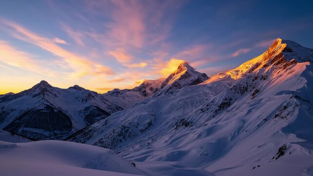 Majestic snow covered mountain peaks at sunset with pink and orange sky in winter
