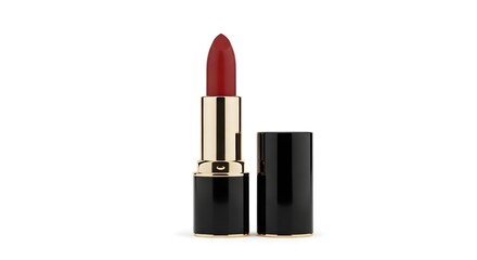 Fototapeta premium Elegant red lipstick with gold cap and matching black case displayed together