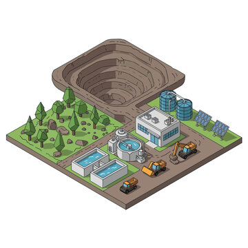 Isometric Illustration of Water Treatment Plant Facility.