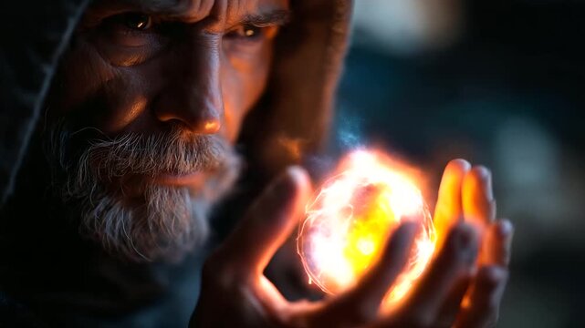 Digital creative collage faceless wise wizard doing burning ritual spell, defocused mystical background, flame ceremony, supernatural magic, fantasy sorcerer, arcane powers, with