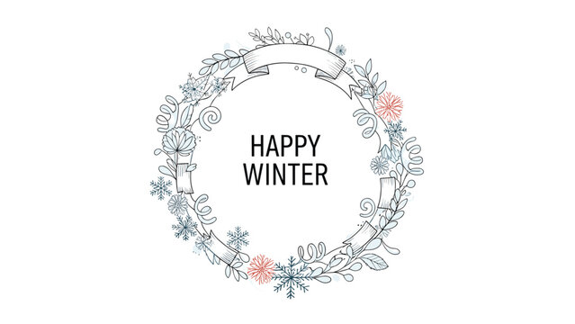 Beautiful winter wreath illustration with delicate snowflakes and seasonal foliage surrounds a central Happy Winter message.