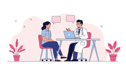 Fototapeta premium Medical consultation scene with a doctor and a female patient discussing health issues in a modern clinic office setting.