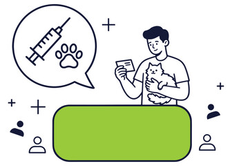 Naklejka premium Man holding cat with syringe and paw print vaccination symbol