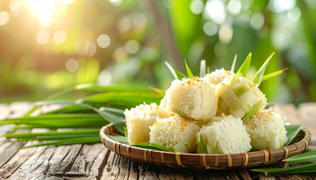 A close-up shot of Gethuk, a traditional Indonesian-Javanese snack made from steamed and mashed cassava, served on a rustic bamboo plate. 