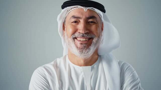 Cheerful senior arab man with a gray beard wearing a shemagh and agal looking at the camera and smiling, expressing happiness and confidence on a clean white background in a studio setting