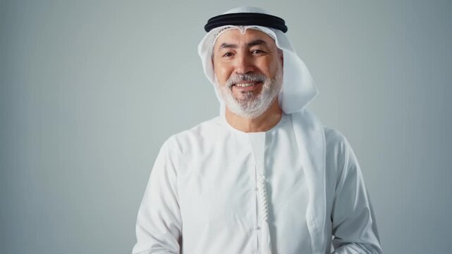 Cheerful senior arab man with a gray beard wearing a shemagh and agal looking at the camera and smiling, expressing happiness and confidence on a clean white background in a studio setting