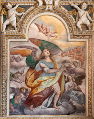 Naklejka premium NOVARA, ITALY - JANUARY 16, 2026: The symbolic fresco of angels with the heart in the church Basilica di San Gaudenzio by Pier Francesco Mazzucchelli (1573 – 1626).