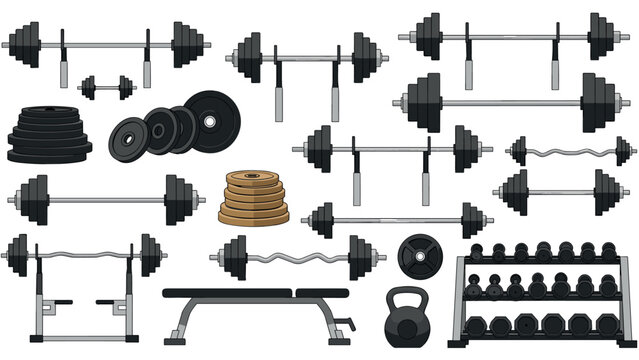 set of hand drawn gym weightlifting equipment with barbells dumbbells kettlebell bench and weight plates