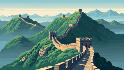 Fototapeta premium great wall of china with mountains landscape scenic vector illustration