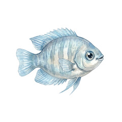 Watercolor illustration of a cute blue striped fish isolated on a white background.