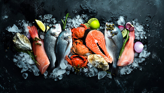 Fresh assorted seafood and fish displayed on ice with citrus garnish