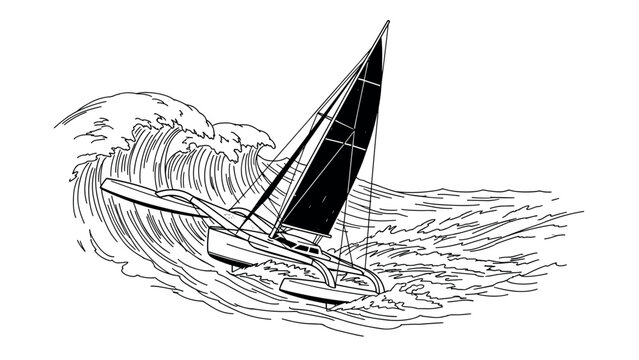 trimaran sailboat riding large ocean waves hand drawn outline illustration