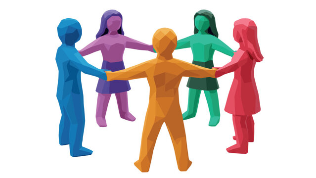 five colorful low poly style human figures holding hands in a circle geometric abstract teamwork illustration