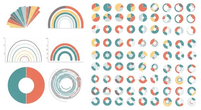 Diverse infographic elements including pie charts, radial graphs, and arc diagrams in teal, orange, and grey for data analysis